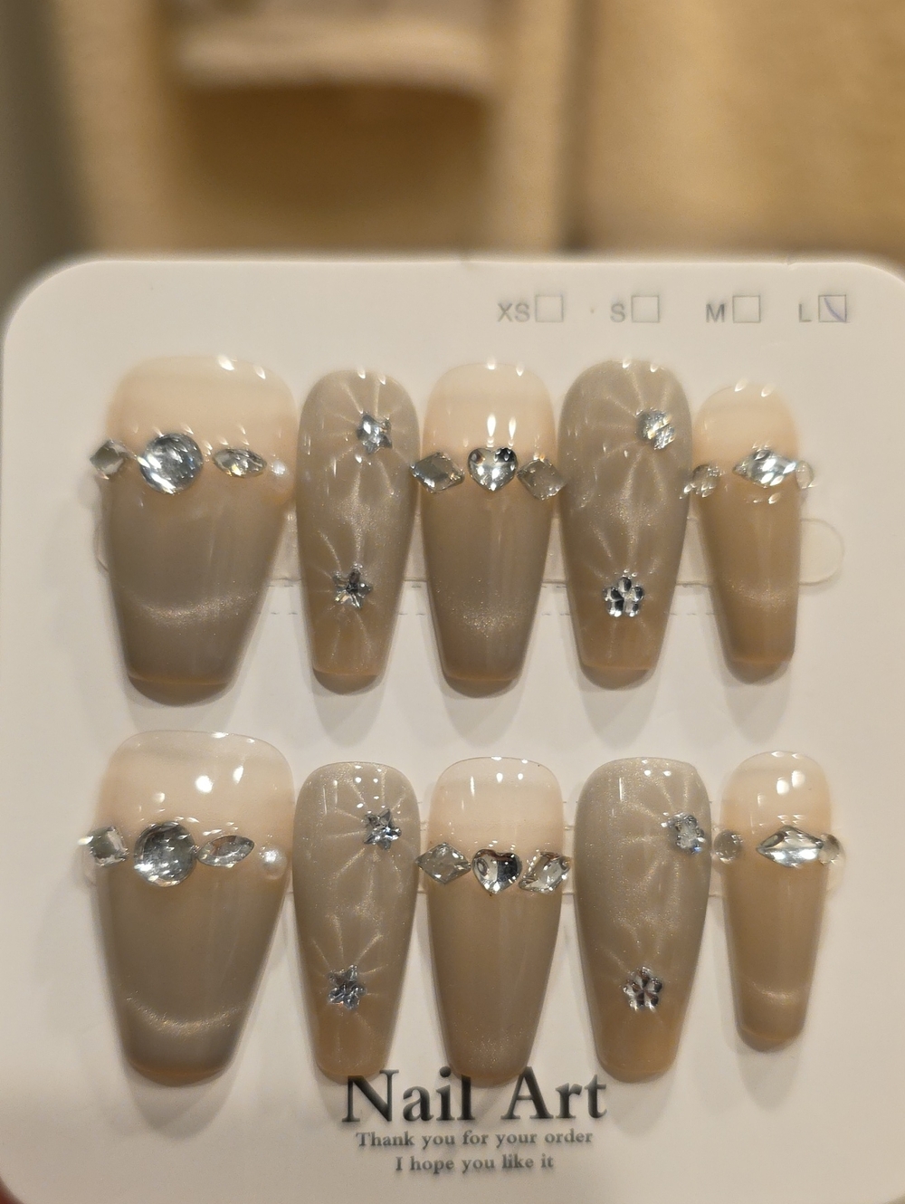 Nail Art Press-On Set in Nude Beige with Crystal Accents Size Large